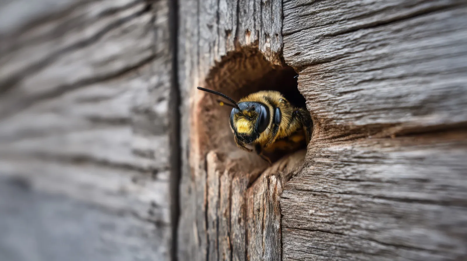 A carpenter bee emerging from the round gallery hole it bored in weathered wood