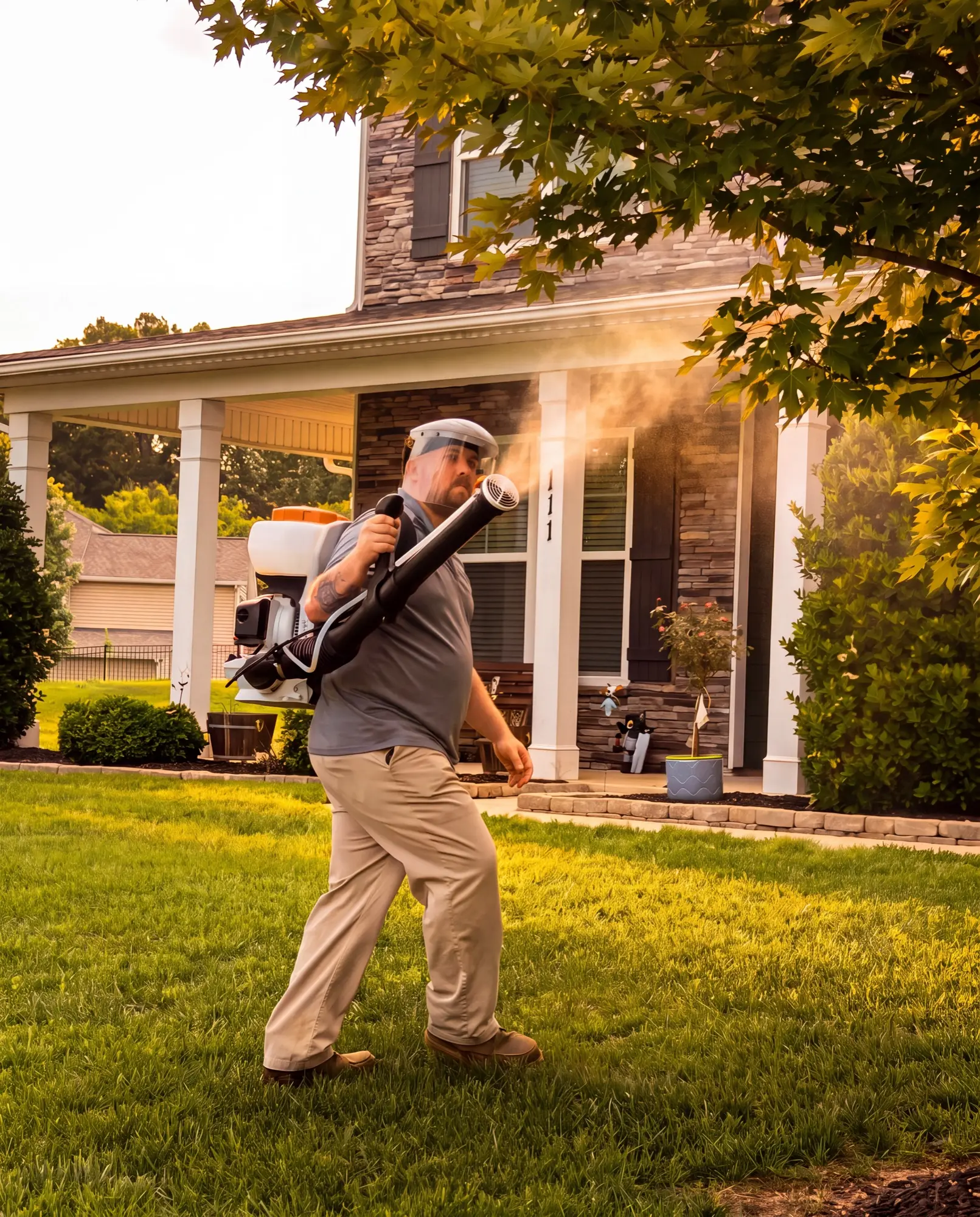 Nicholas Kirchner treating the front of a Lexington home with a mist blower at sunset