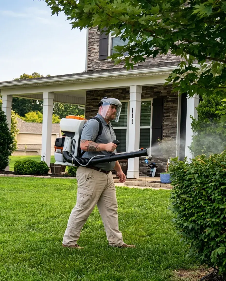 A Blue Jays pest control technician fogging the yard outside a Lexington home