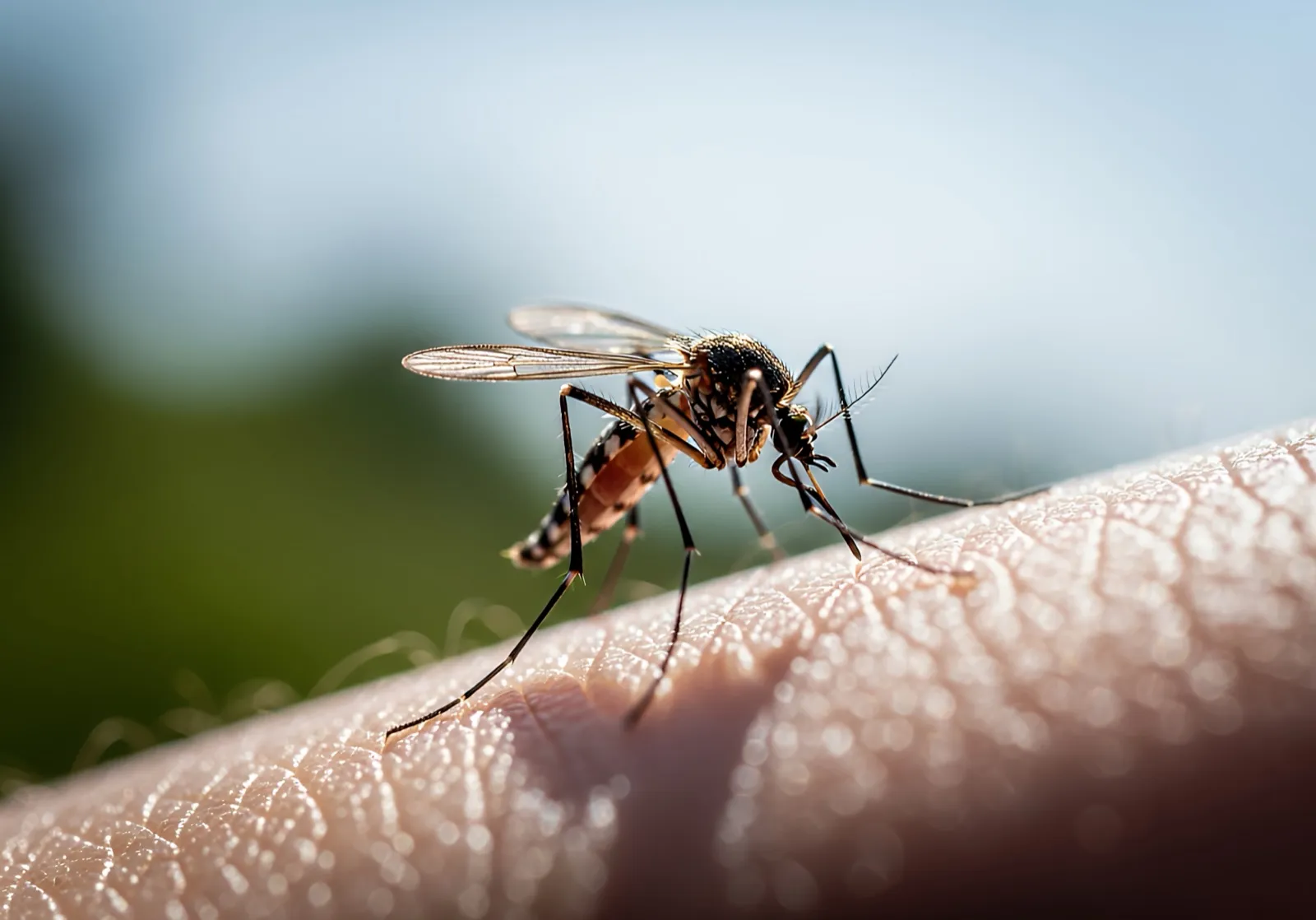 A mosquito feeding on a person's arm