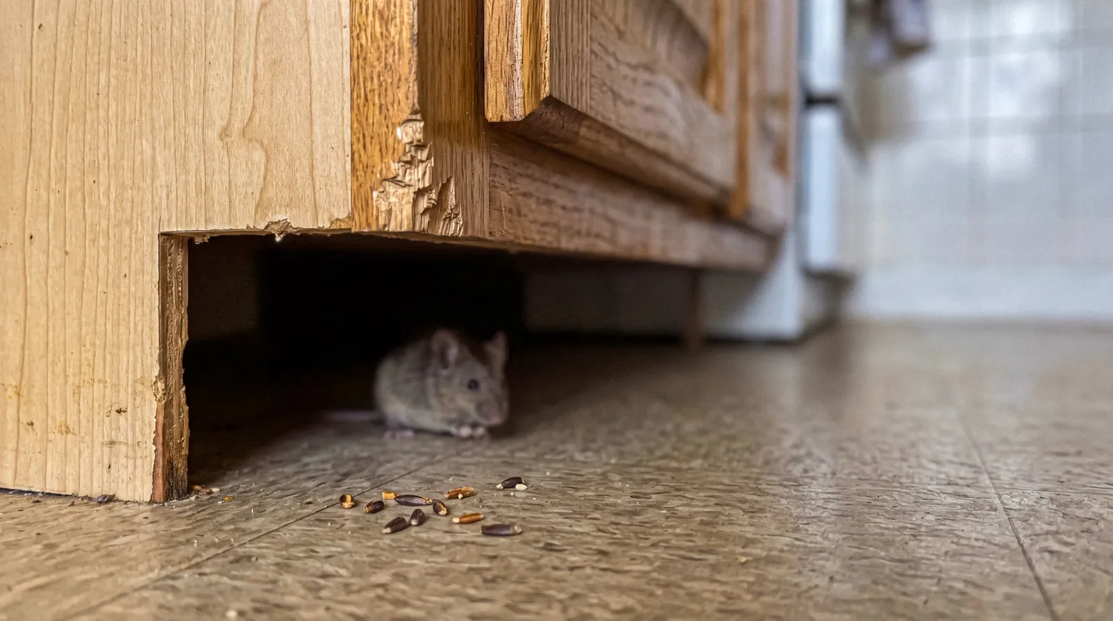 A mouse at a gnawed opening beneath a kitchen cabinet, beside spilled seed
