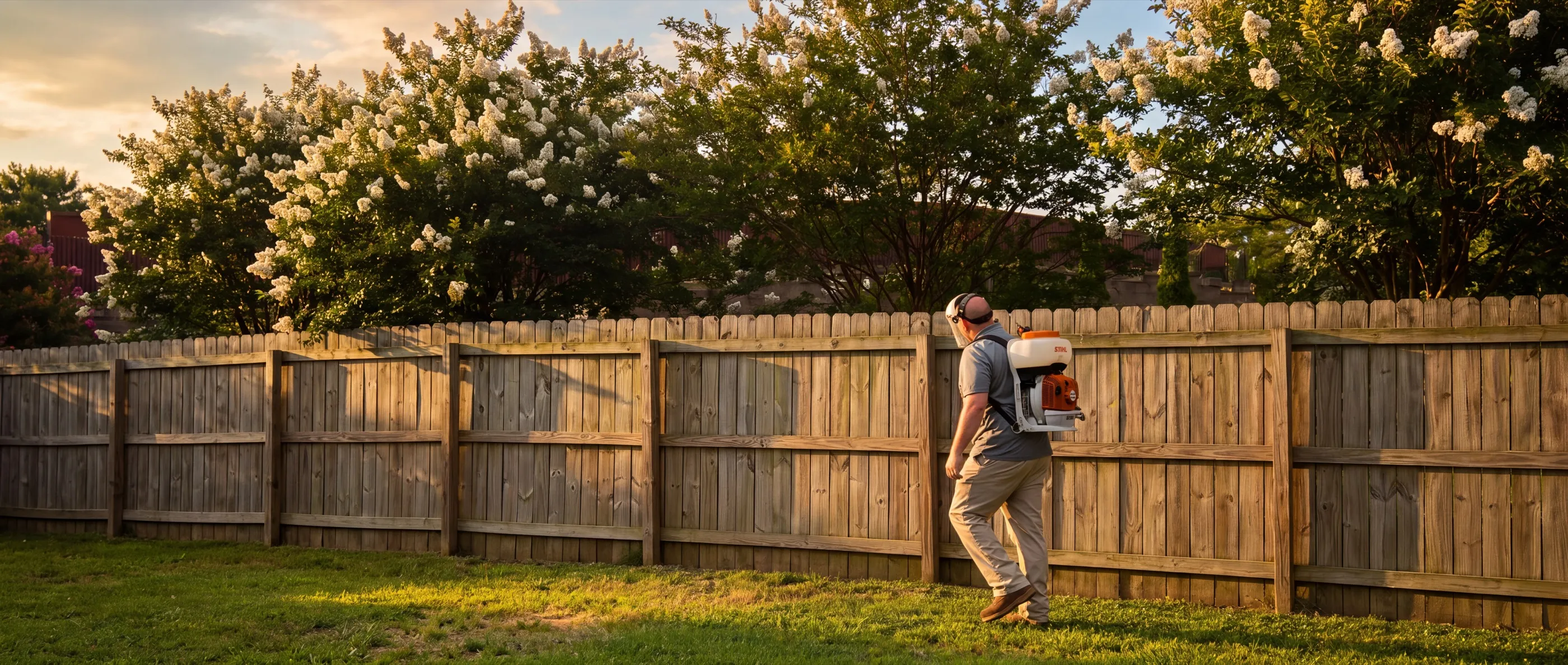 A Blue Jays technician treating along a backyard fence line at sunset with a backpack mist blower