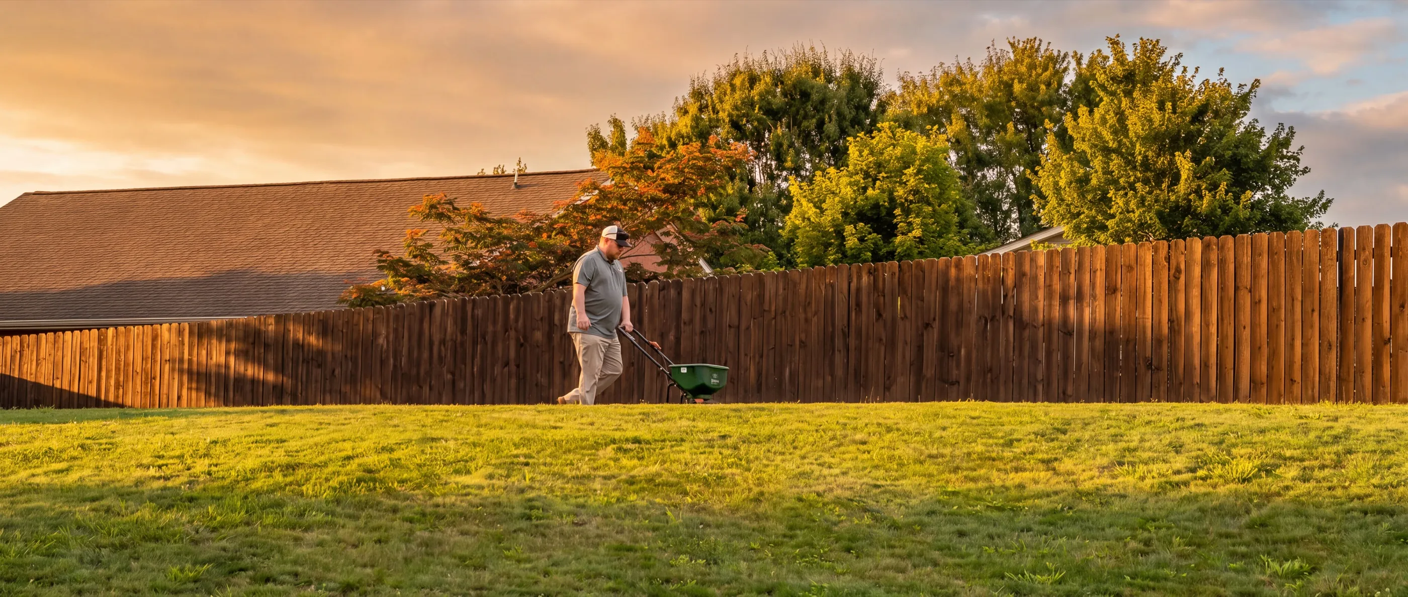 A Blue Jays technician pushing a granular spreader across a fenced back lawn at sunset