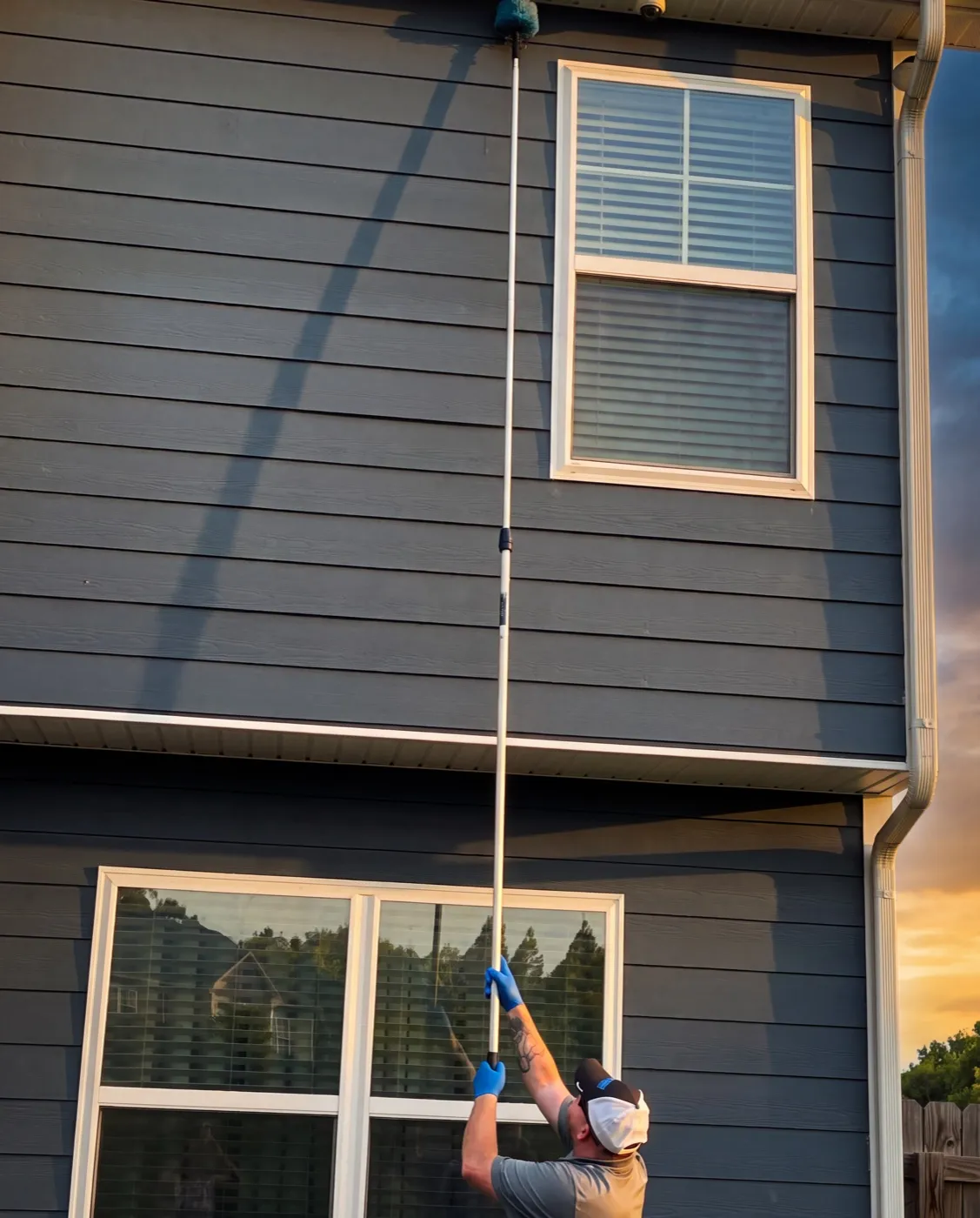 A Blue Jays technician dusting high eaves and windows with an extension pole