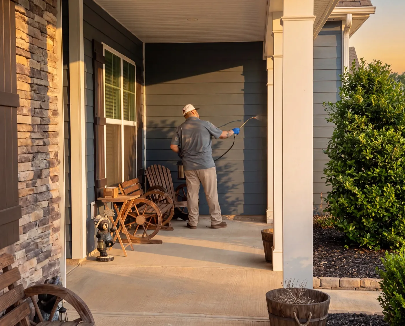 A Blue Jays technician treating under a front porch eave at sunset