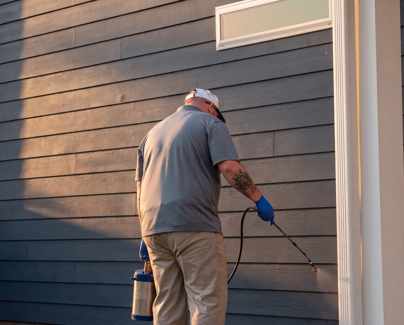 A Blue Jays technician spraying along the siding of a home
