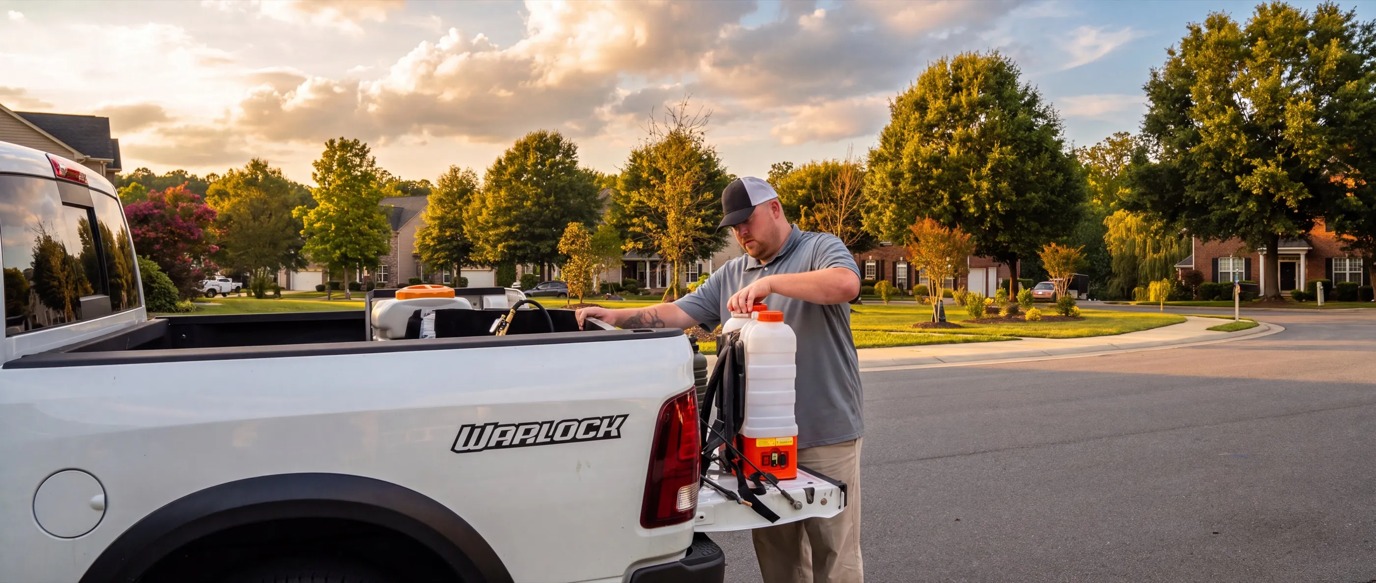 A Blue Jays technician loading a backpack sprayer from his truck tailgate on a Lexington street at sunset